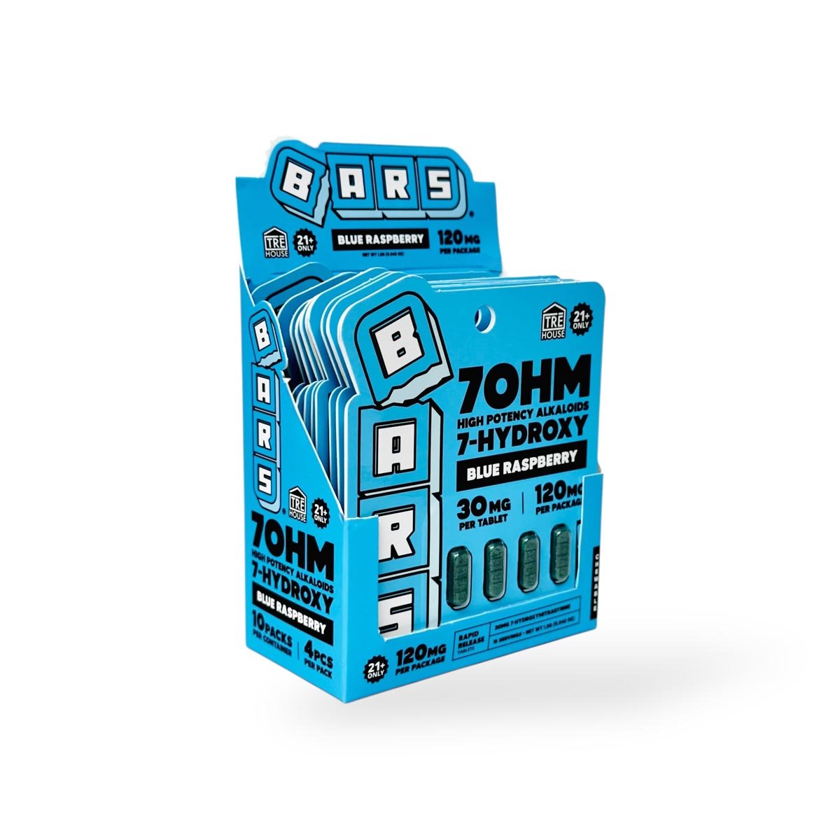Tre House Bars 7OHM High Potency Alkaloids Chewable Tablets Blue Raspberry 30mg 4ct Box 97604